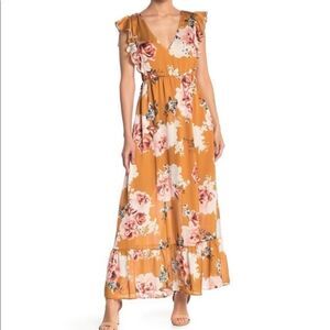 Free Press Mustard Floral Ruffle Maxi Dress size XS  Wine Tasking Dress